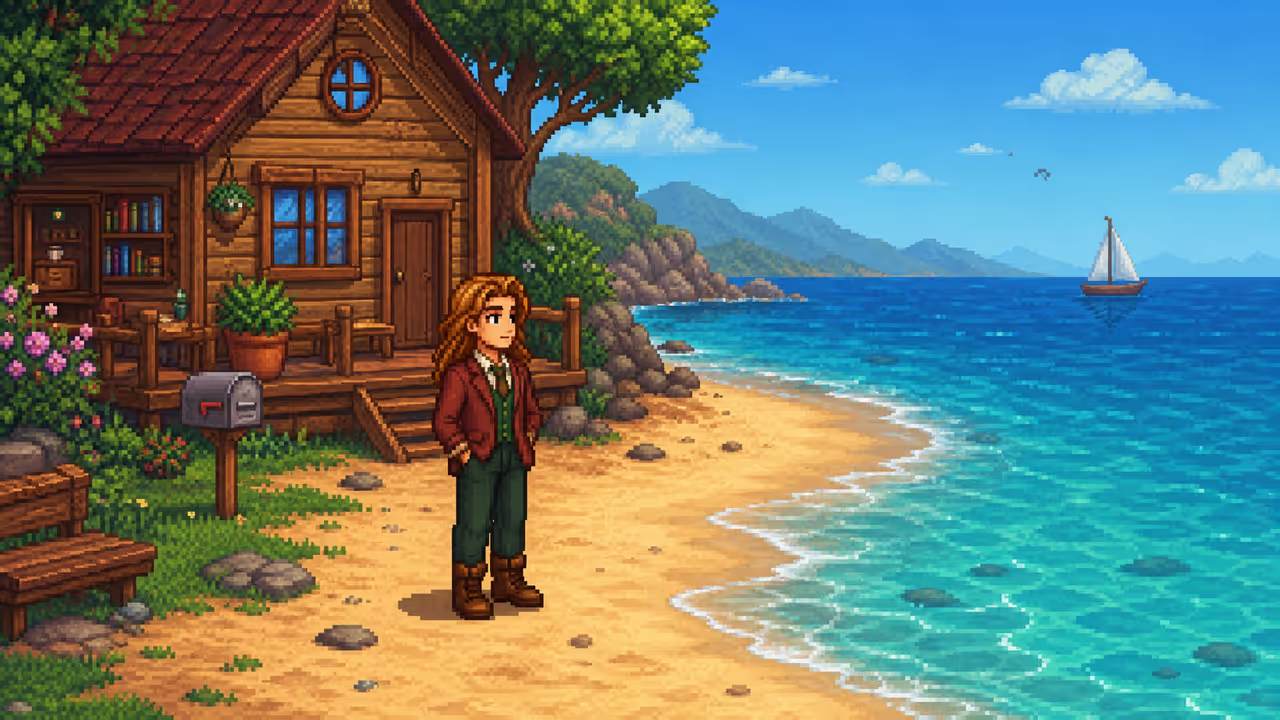 Эллиот стоит возле своего домика на пляже в Stardew Valley
